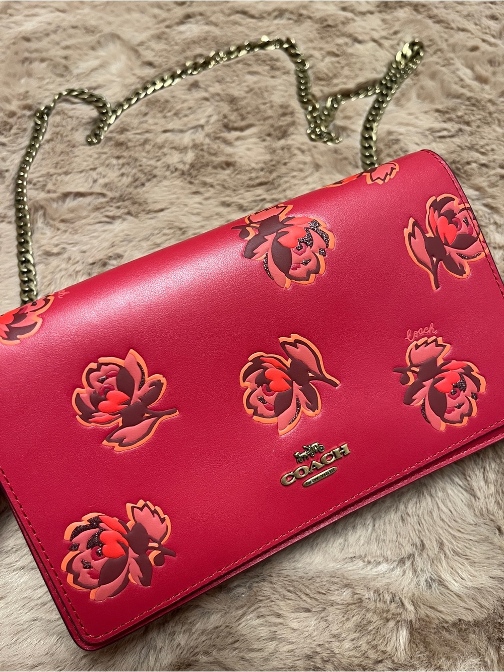 COACH Callie Foldover Chain Clutch in Red Leather with Floral Print